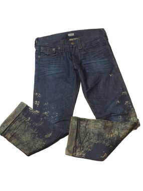True Religion Ricky Relaxed Straight w. Flaps copper paint splatter jeans Sz 32